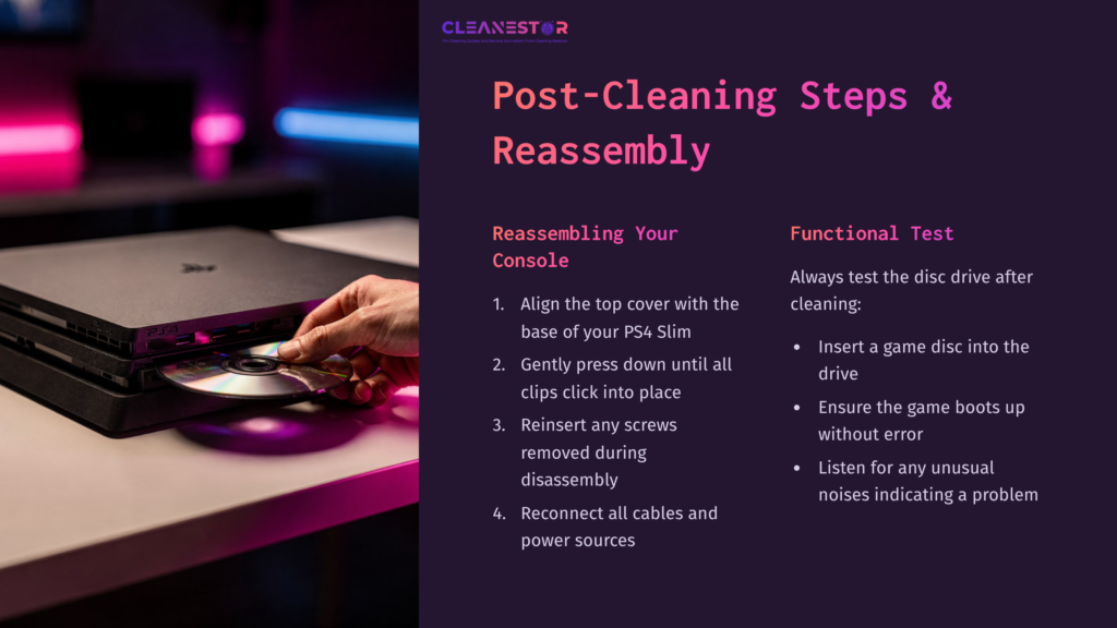 A Hand Holding A Ps4 Slim Disc Drive While Aligning Its Cover, With A Dark Background And Purple Illuminated Text Outlining Reassembly Steps.