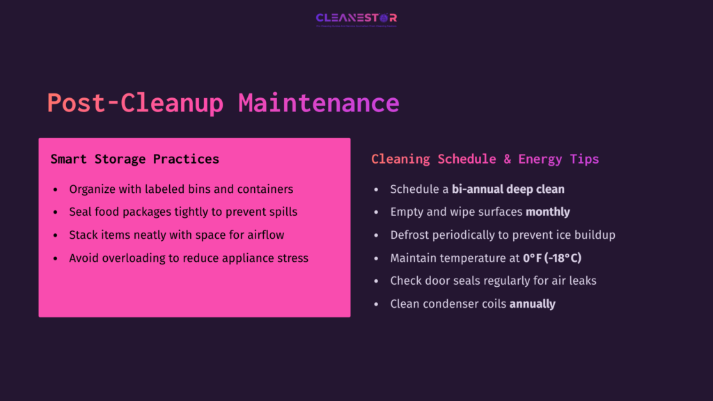 7 Post Cleanup Maintenance 1 Text-Only Graphic Featuring Purple And Pink Background With White And Yellow Text Highlighting Post-Cleanup Maintenance Tips For A Whirlpool Freezer.