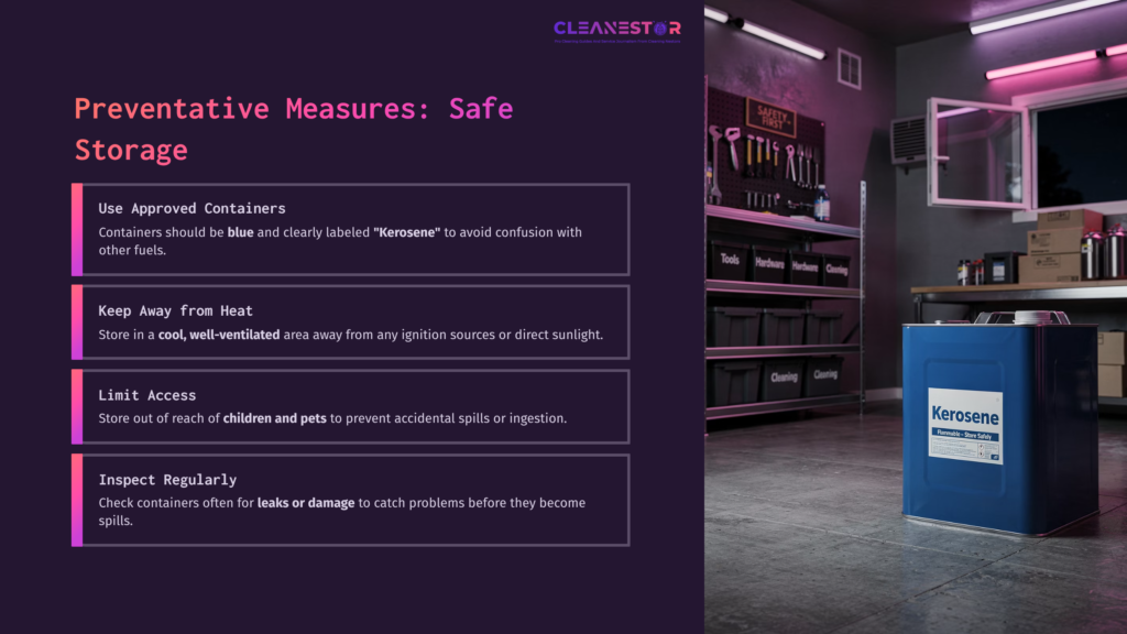 Container Labeled &Quot;Kerosene&Quot; On A Blue Storage Box In A Garage-Like Space, With Shelves And Cleaning Supplies In The Background.
