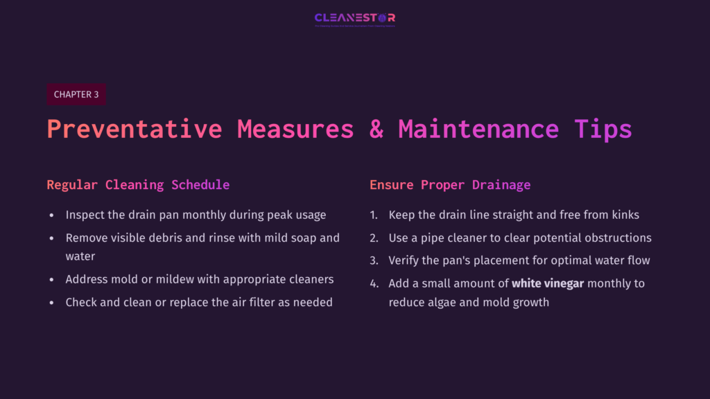 Text On A Dark Background Outlining Cleaning Tips For Rv Air Conditioner Drain Pans, Emphasizing Regular Maintenance And Proper Drainage.