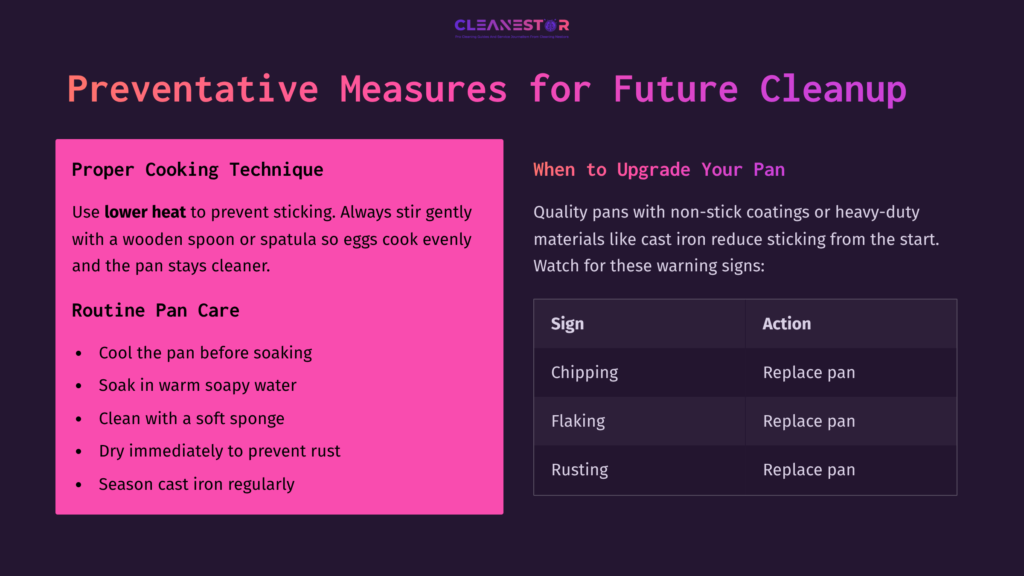 A Colorful Infographic Detailing Tips For Cleaning Scrambled Egg Pans, Featuring A Table With Preventive Measures And Recommendations.
