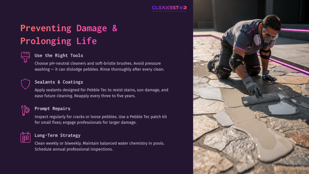 A Person In Protective Gear Cleans A Pebble Tec Floor, With Tools And Materials Nearby, Highlighted By A Clean, Modern Layout.