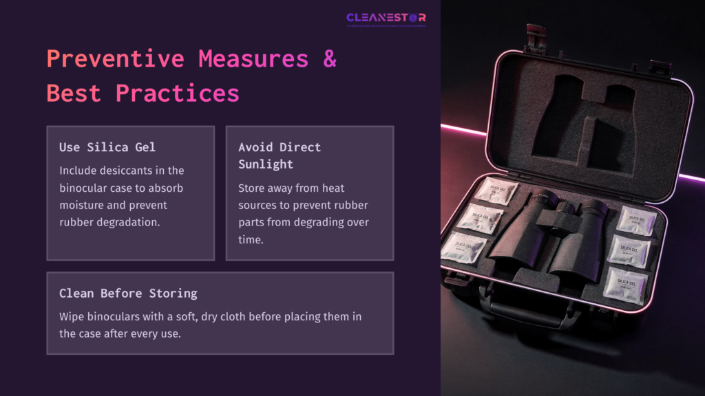 Black Binoculars Housed In A Protective, Foam-Lined Case With Silica Gel Packets, On A Dark Background With Purple Lighting.