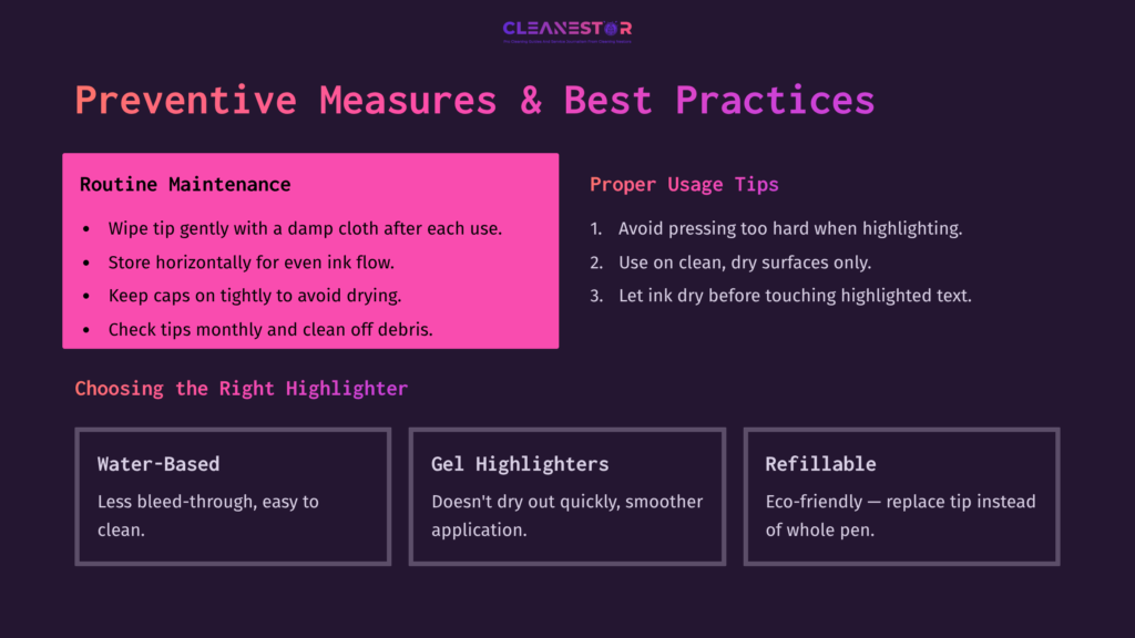 Text On A Dark Background Outlines Preventive Measures For Highlighter Maintenance, Including Tips And Recommendations For Types.