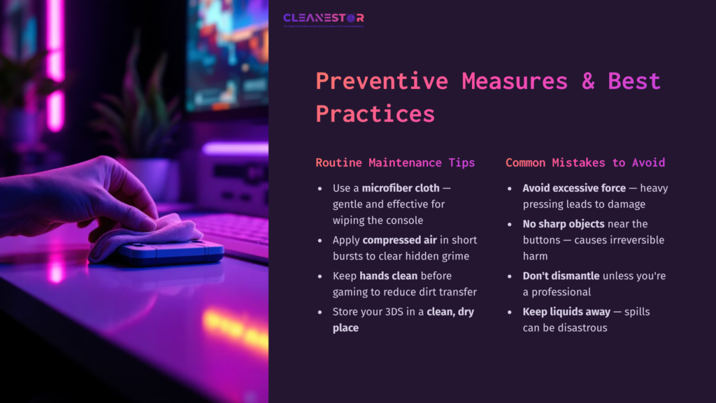 7 Preventive Measures And Best Practices 3 Purple-Lit Gaming Setup With A Keyboard And Console. Text On The Left Lists Preventive Measures And Maintenance Tips For 3Ds Buttons.