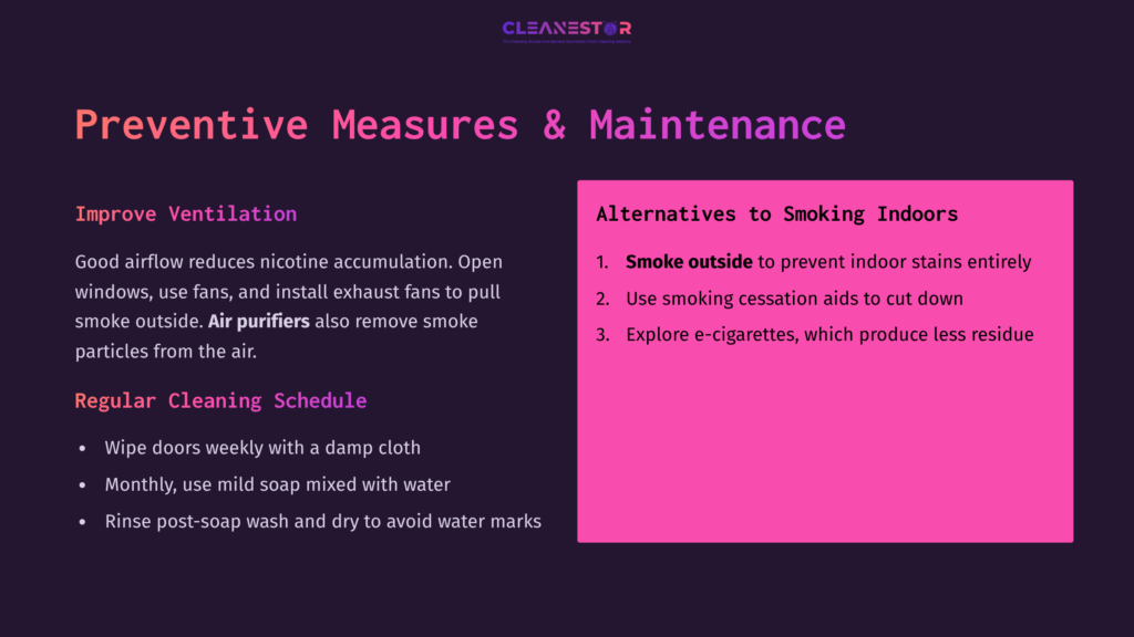 Text-Heavy Graphic Featuring A Dark Background With Pink And White Headings. Lists Preventive Measures For Cleaning Nicotine From Painted Doors.