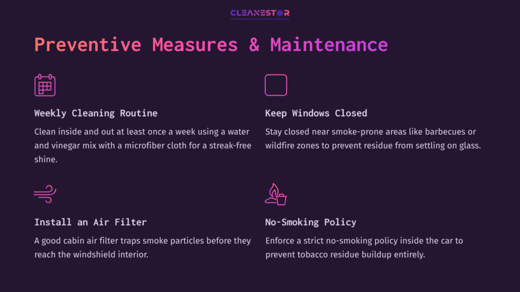Text-Focused Infographic With A Dark Background Featuring Four Preventive Measures For Smoke Residue Clean-Up, Highlighted In Vibrant Colors.