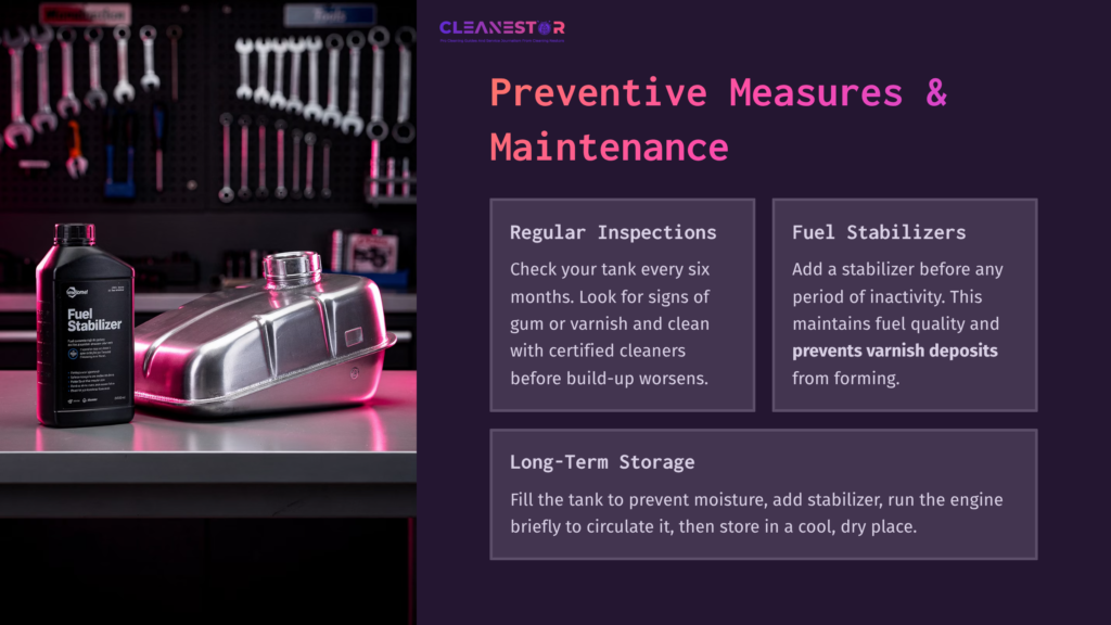 Metal Gas Tank And Fuel Stabilizer Bottle On A Workbench, With A Dark Background Featuring Tools And A Pink Lighting Accent.
