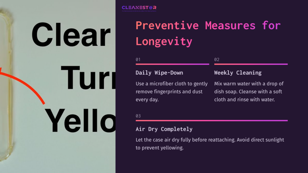 Clear Phone Case Next To Text Highlighting Cleaning Tips: Daily Wipe-Down, Weekly Cleaning, And Air Drying To Prevent Yellowing.
