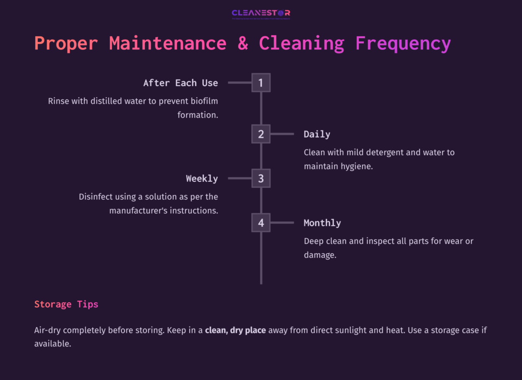 7 Proper Maintenance And Cleaning Frequency Infographic Detailing Maintenance And Cleaning Frequency For Neilmed Sinugator, Featuring Numbered Steps And Storage Tips On A Dark Background.