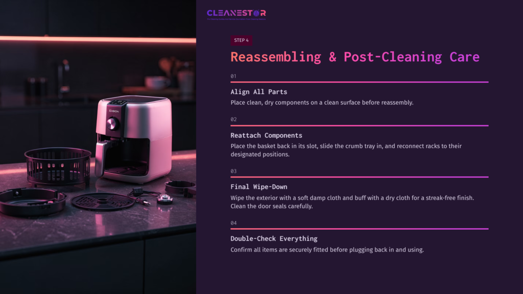 7 Reassembling And Post Cleaning Care Air Fryer Oven On A Countertop With Cleaning Tools; Text Instructions On Reassembling And Post-Cleaning Care Highlighted In Purple.
