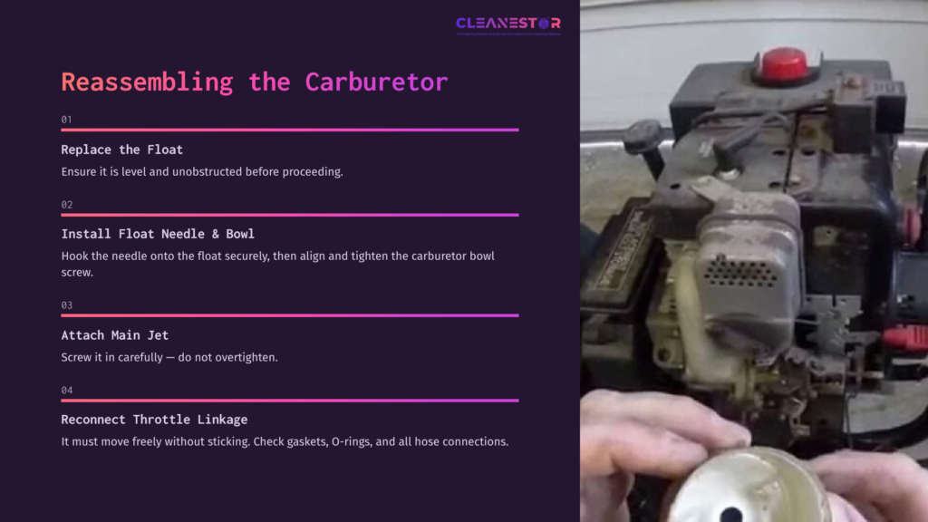 Close-Up Of A Person Reassembling A Carburetor, Holding A Needle And Bowl, With Steps Listed Beside A Snowblower Engine.