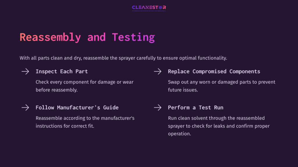 On A Dark Purple Background, Instructions In Pink And White Text Detail Sprayer Reassembly Tips, Highlighting Testing Steps And Manufacturer Guidance.