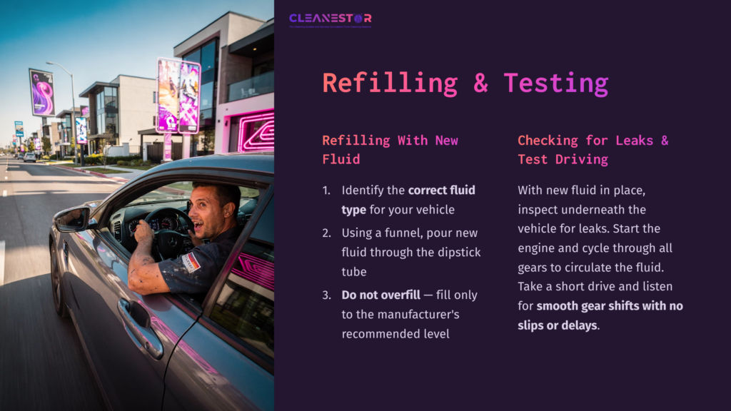 A Man In A Car Holds A Dipstick With A Focused Expression, Surrounded By Vibrant Street Signage. Text Outlines Fluid Refilling And Testing Steps.