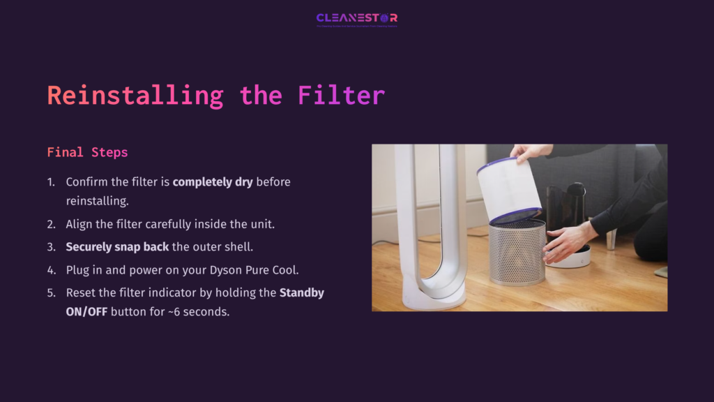 A Person Holds A Dyson Pure Cool Filter Above The Unit, Positioned On A Wooden Floor, With Instructions In Pink Text On A Dark Background.