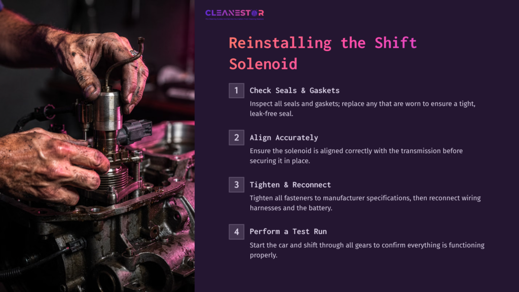 7 Reinstalling The Shift Solenoid Close-Up Of Hands Working On A Shift Solenoid In An Engine, With A Purple And Black Layout Featuring Steps For Reinstallation In White Text.