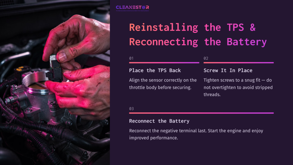 A Hand Aligns A Throttle Position Sensor On An Engine, With Instructions On Reconnecting The Battery And Securing The Sensor.