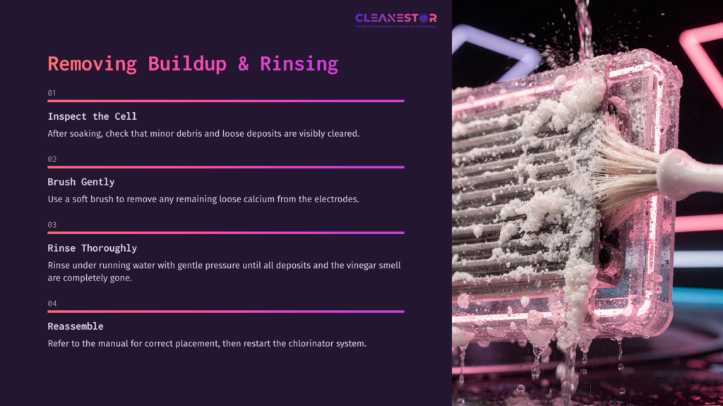 A Close-Up Of A Cleaning Brush Scrubbing A Salt Water Chlorinator Cell, With Soap Bubbles And Vinegar Being Used For The Cleaning Process.