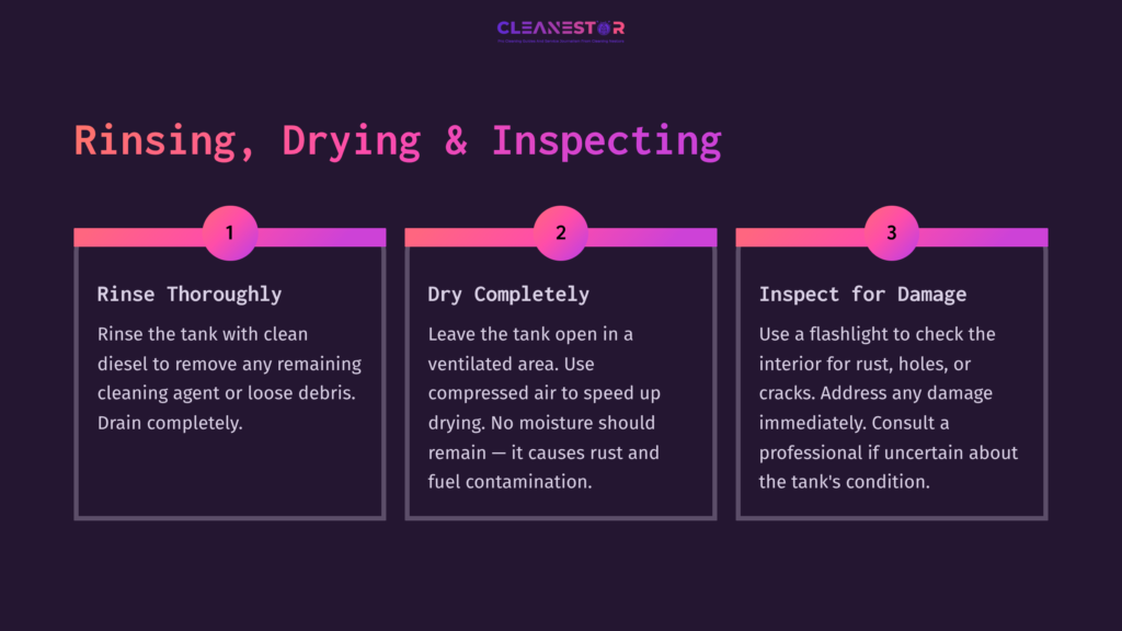 7 Rinsing Drying And Inspecting Three Instructional Panels On Cleaning A Fuel Tank: Rinse Thoroughly, Dry Completely, And Inspect For Damage, With Bold Text And Icons.