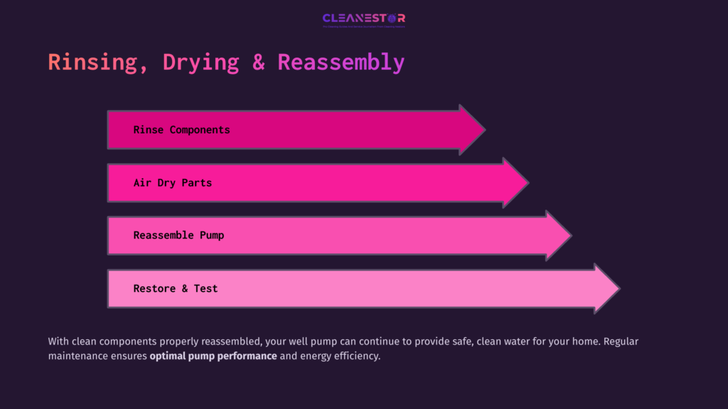 Bright Graphic With Bold Pink Arrows And Text Instructing On Rinsing, Drying, Reassembling, And Testing A Well Pump, Set Against A Dark Background.