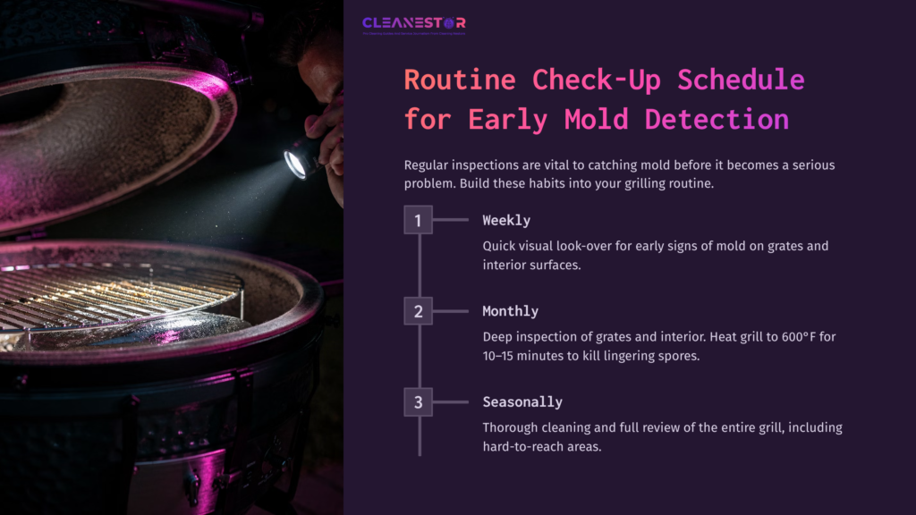 A Kamado Joe Grill With A Shining Flashlight, Highlighting The Interior And Grates, Accompanied By A Checklist For Mold Inspection Routines.