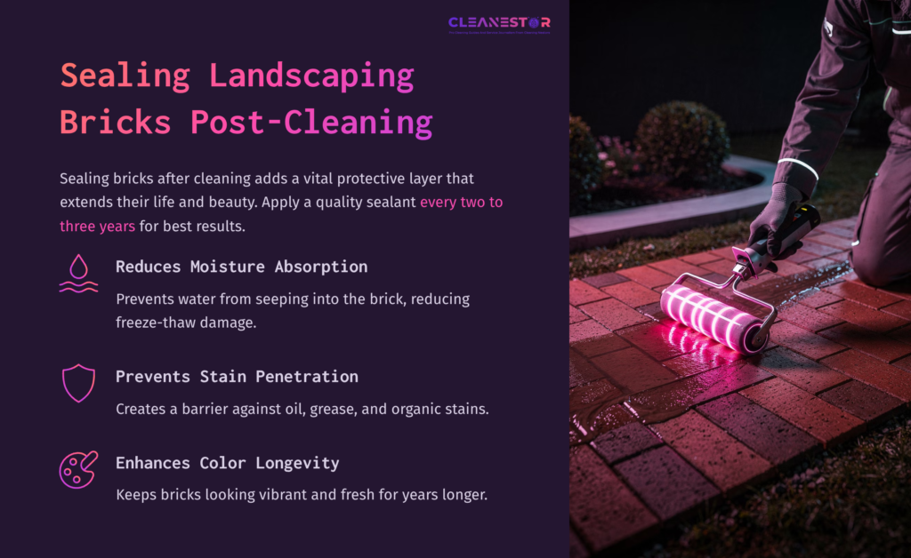 Brightly Lit Landscaping Bricks With A Purple Roller Applying Sealant, Accompanied By Text Highlighting Sealing Benefits And Tips.