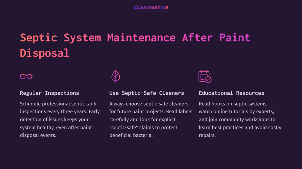 Purple And Pink Background With White Icons And Text On Septic System Maintenance After Paint Disposal, Including Tips And Resources.