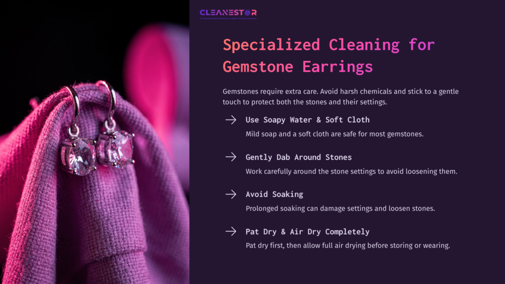 7 Specialized Cleaning For Gemstone Earrings Cleaning Tips For Gemstone Earrings Displayed On A Purple Background, Featuring A Close-Up Of Earrings On A Soft Cloth With Text Instructions.