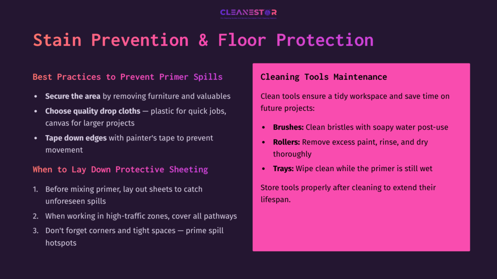 Colored Text On A Split Background Provides Tips For Preventing Primer Spills And Maintaining Cleaning Tools, Featuring Cleaning Tool Icons.
