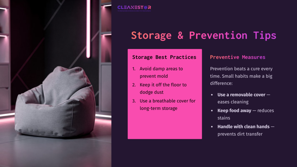 A Gray Bean Bag Sits Against A Dark Background With Neon Pink Accents. Text Outlines Storage Best Practices And Preventive Measures.