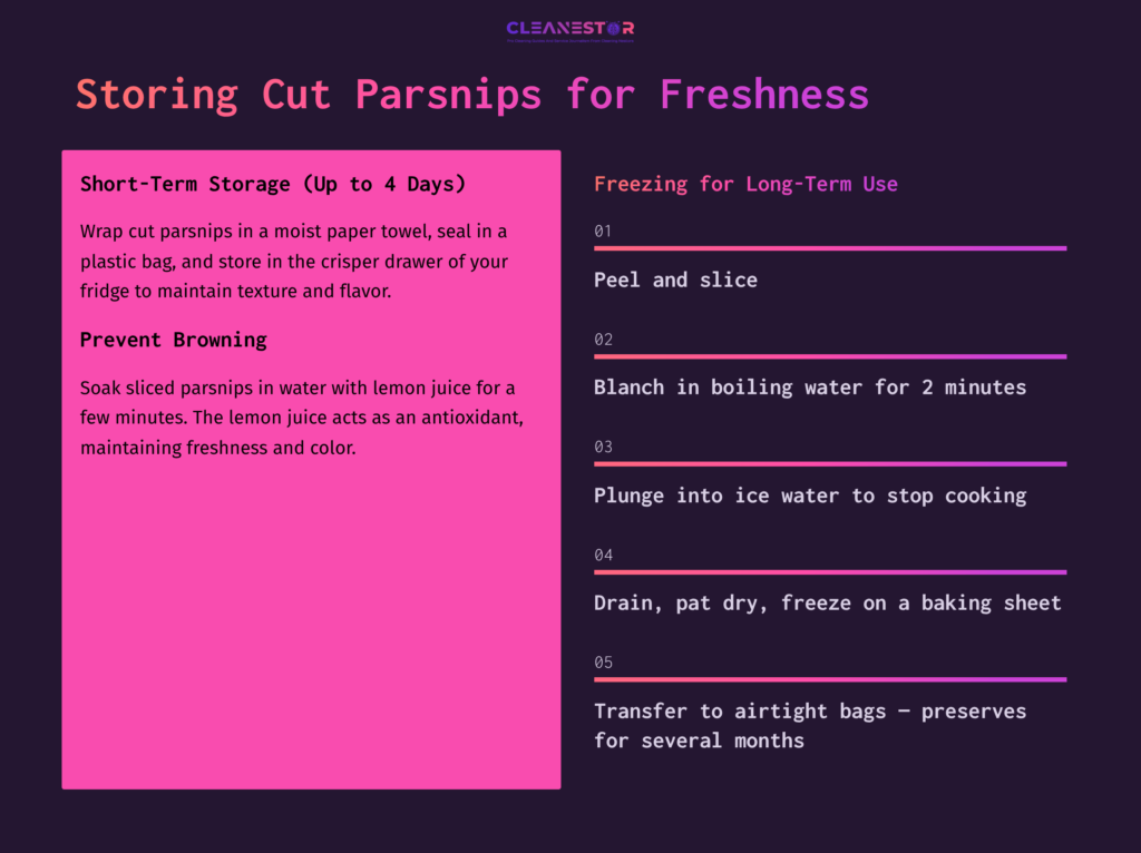 A Graphic With Instructions On Storing Cut Parsnips, Featuring Text In Vibrant Colors On A Dark Background, Alongside Tips For Short-Term And Long-Term Storage.