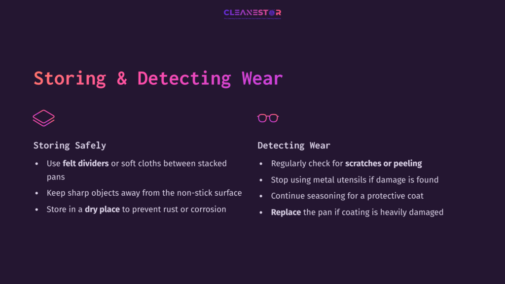 7 Storing And Detecting Wear Purple Background With White And Pink Typography Outlining Tips For Storing And Detecting Wear On Gotham Steel Pans, Including Visual Icons.