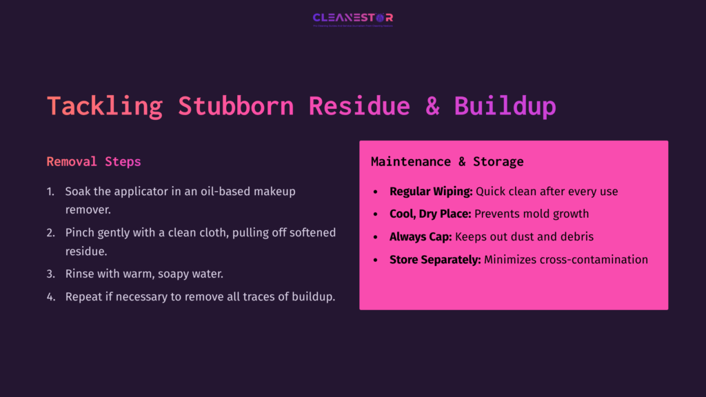 7 Tackling Stubborn Residue And Buildup Text-Based Infographic Detailing Steps For Cleaning A Lip Gloss Applicator With A Dark Background, Bright Pink Headings, And Bullet Points.