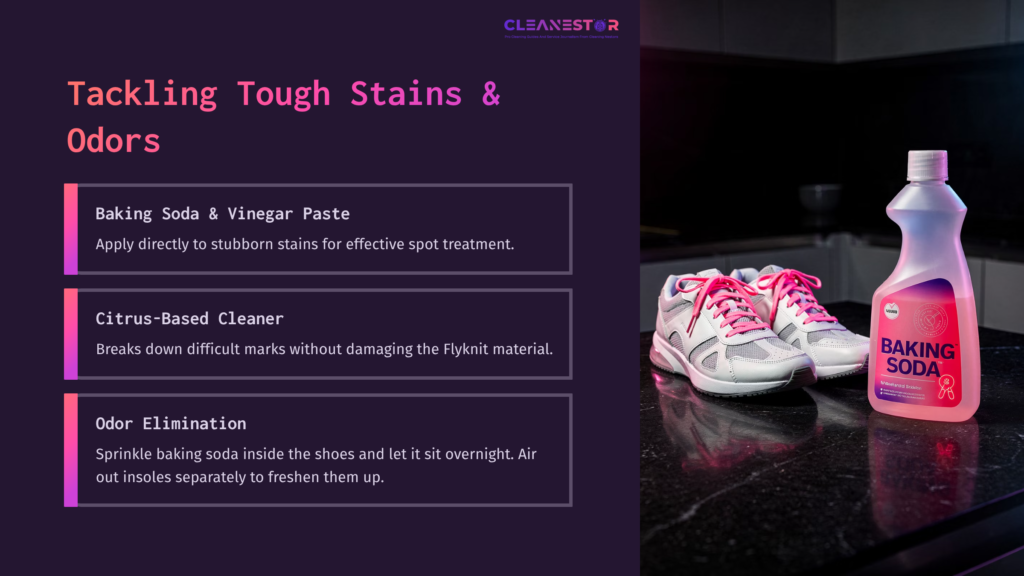A Pair Of White And Pink Vapormax Shoes On A Dark Surface Beside A Container Of Baking Soda, With Tips For Cleaning Displayed Nearby.