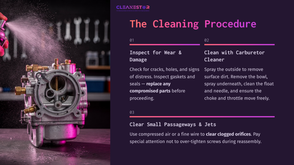 7 The Cleaning Procedure Close-Up Of A Carburetor, Spray Cleaning With Purple Cleaner. Text Highlights Cleaning Procedure Steps, With Bullet Points And Vibrant Colors.