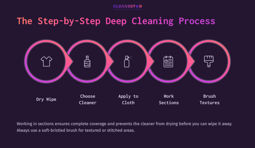 Step-By-Step Guide For Cleaning A Sticky Steering Wheel, Featuring Icons For Various Steps On A Dark Background With Colorful Accents.