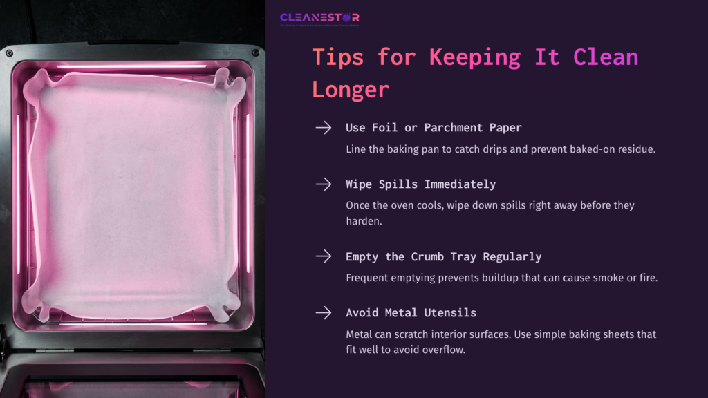 Toaster Oven With A Pink Glow, Featuring A Lined Baking Pan And Text Tips On Cleaning And Maintenance, Including Foil Usage And Tray Care.