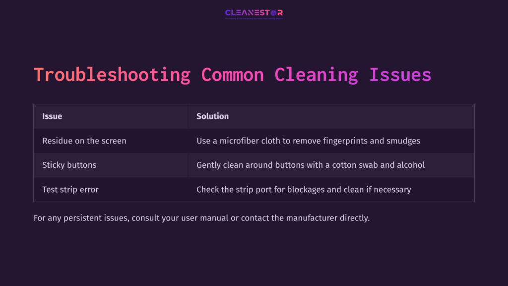 7 Troubleshooting Common Cleaning Issues Table Listing Common Cleaning Issues For Glucometers, With Solutions. Background Is Dark Purple With Bright Purple And White Text.
