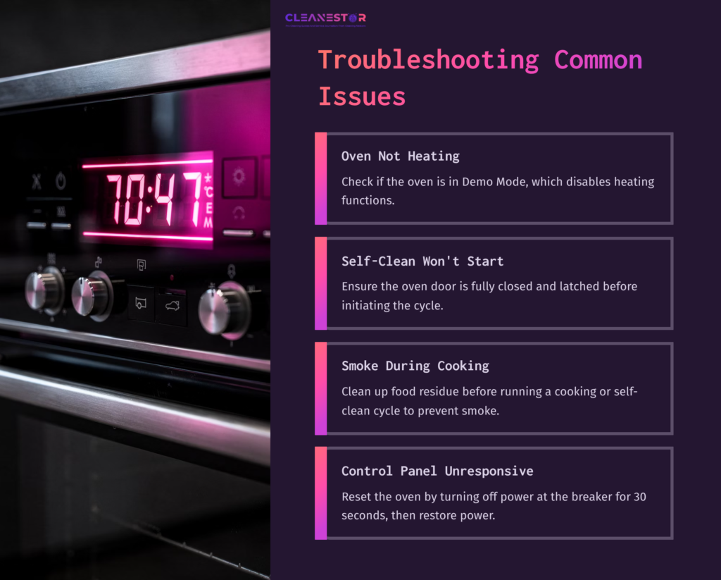 Close-Up Of A Ge Monogram Oven Control Panel Featuring A Digital Clock, Navigation Buttons, And Troubleshooting Tips With A Purple Layout.