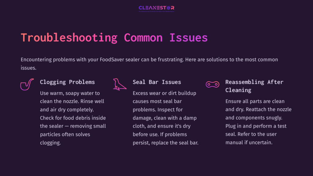 Text On A Dark Purple Background Outlining Troubleshooting Tips For Common Issues With A Foodsaver Handheld Sealer.