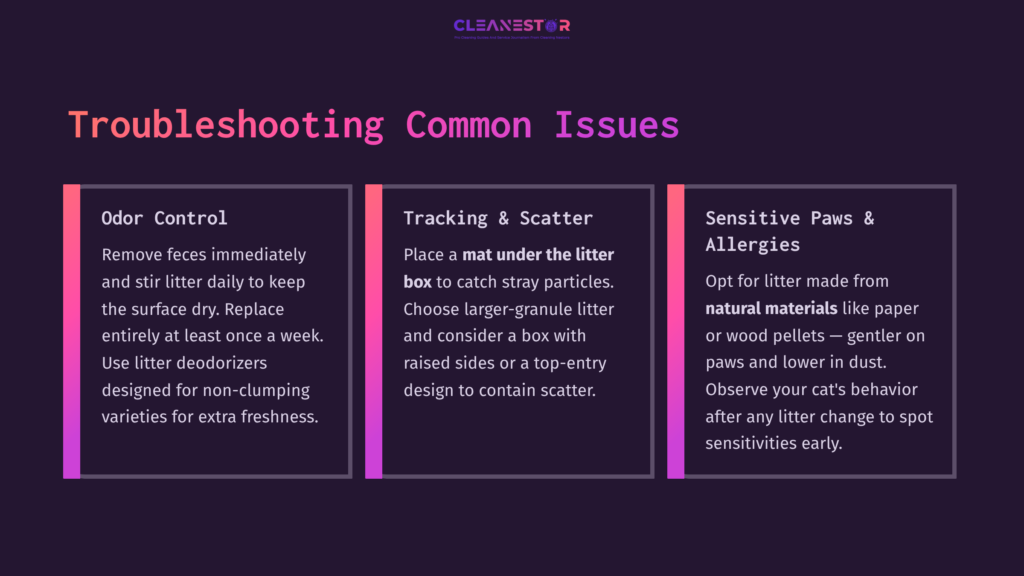 Three Sections Of Text In A Purple And Pink Gradient Layout Discussing Troubleshooting For Non-Clumping Litter Issues.