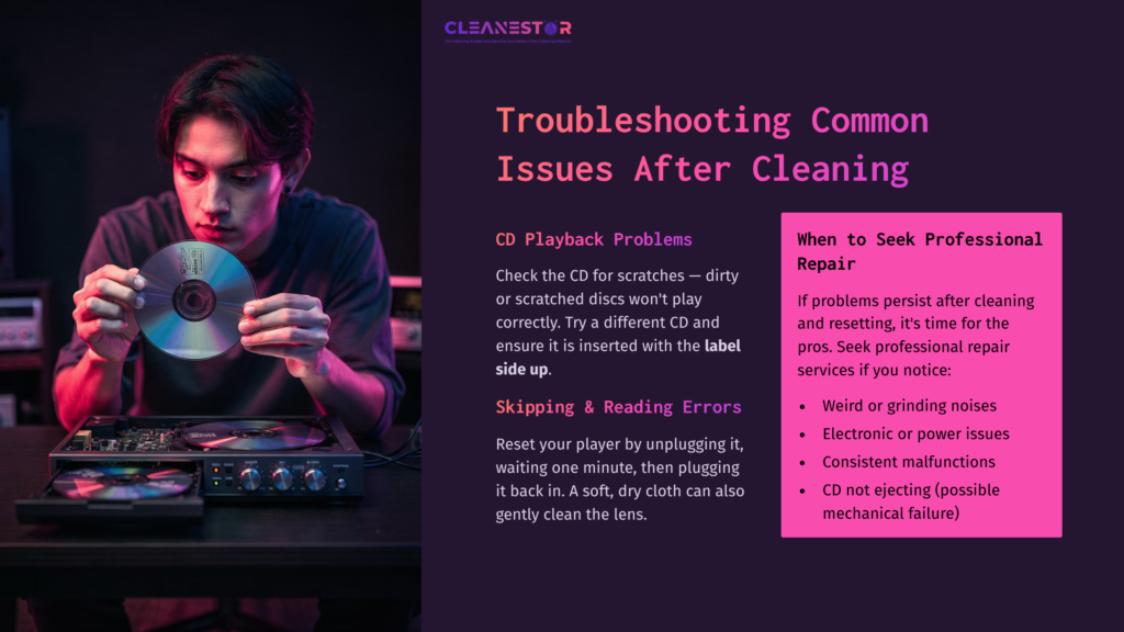 A Person Sitting At A Table, Examining A Cd For Scratches Under Dim Lighting, Surrounded By Troubleshooting Tips In Vibrant Text.