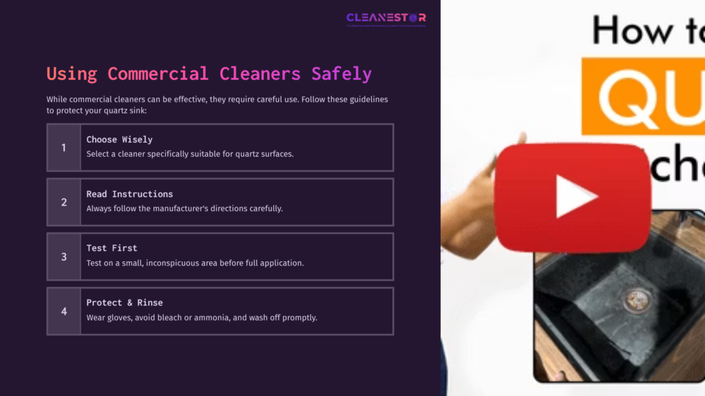 A Person Holding A Red Spray Bottle Next To A Quartz Sink, With Cleaning Tips Displayed In Bold White Text On A Purple Background.
