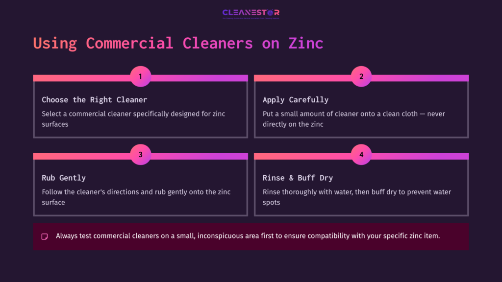 Step-By-Step Guide On Cleaning Zinc Surfaces, Featuring Colorful Boxes With Instructions In White Text On A Dark Background.