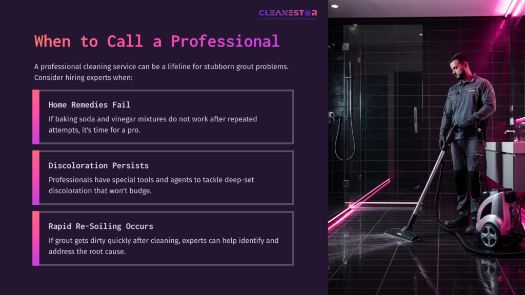 A Modern Bathroom With Dark Grout, Showcasing A Cleaning Service Professional Using A Steam Cleaner And Vibrant Pink Lighting.