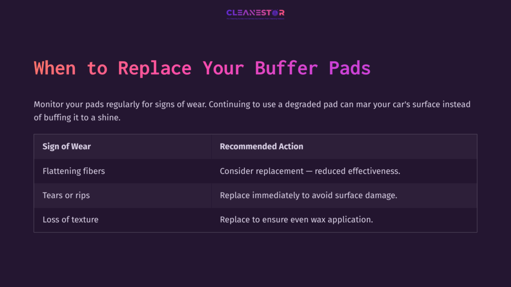 Table With Purple Background Detailing When To Replace Car Buffer Pads, Listing Signs Of Wear And Recommended Actions In Clear Text Format.