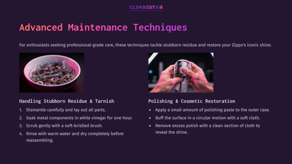 A Pink Bowl With Metal Zippo Parts In Vinegar, Beside Hands Polishing A Zippo Lighter With A Cloth, On A Dark Background.