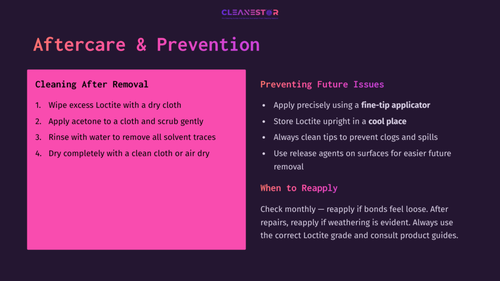 Bright Pink Background With White Text Detailing Loctite Cleaning Instructions, Featuring A Section On Removal, Prevention, And Reapplication Tips.