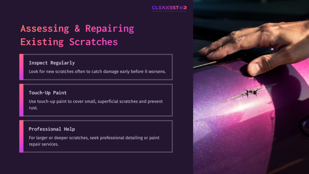 8 Assessing And Repairing Existing Scratches A Hand Inspecting A Shiny Purple Car Surface With A Visible Scratch, Alongside Tips For Assessing And Repairing Scratches.