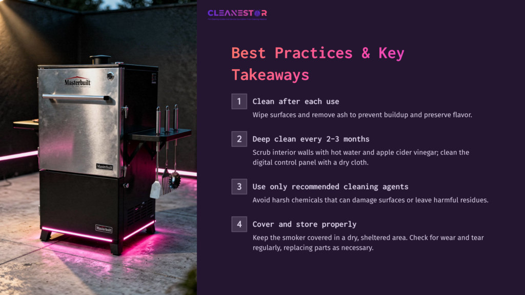 A Masterbuilt Smoker Stands Against A Dark Outdoor Backdrop, Illuminated By Pink Led Lights, Displaying Cleaning Tips Beside It.